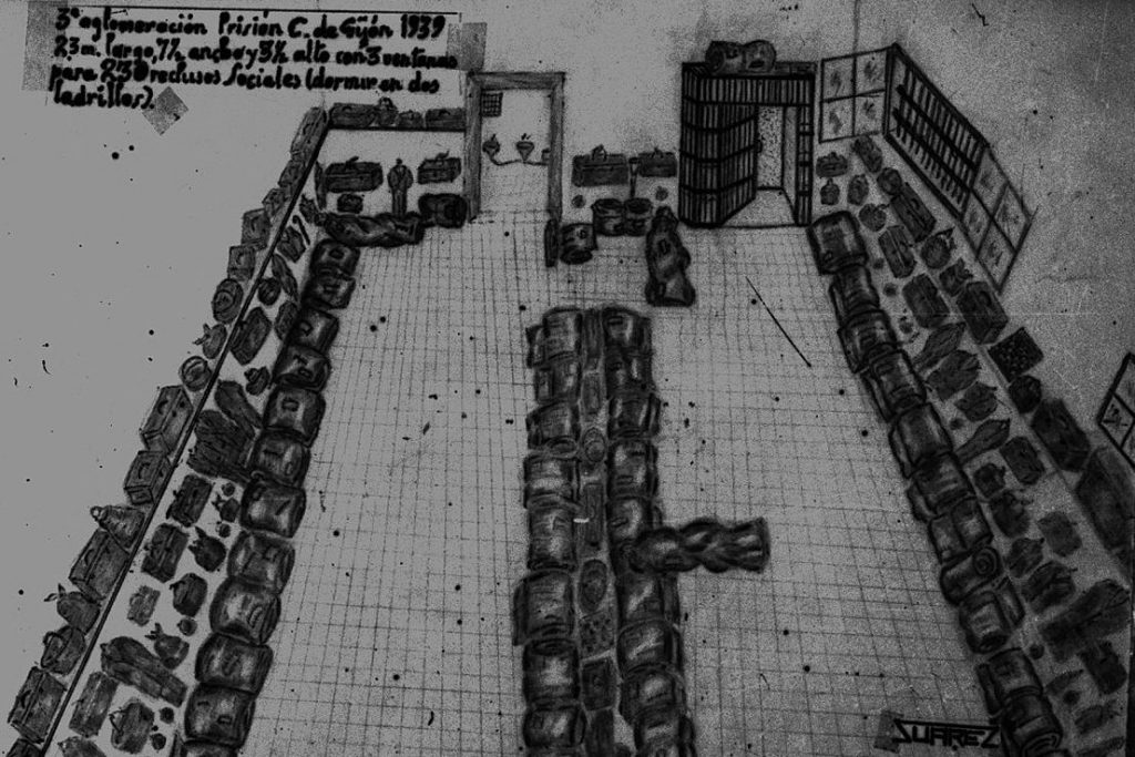 Dibujo de una aglomeración en la prisión del Coto